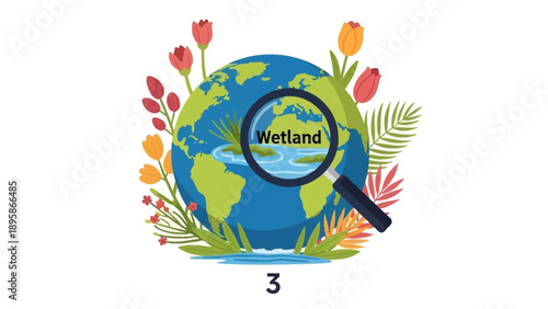 Vibrant illustration of Earth with magnifying glass on wetland area