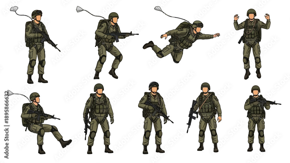 Obraz premium Soldiers in various military operations with guns and gear