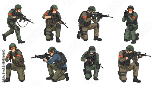 Soldiers in tactical gear with guns in various combat positions