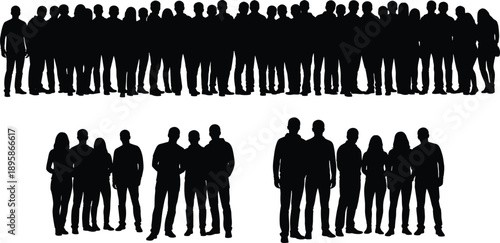 People crowd silhouette collection, standing group men women, social community concept, anonymous team audience, black vector isolated background