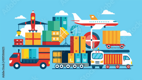 Freight Delivery Service Concept with Truck, Plane, Train, and Cargo Ship.eps