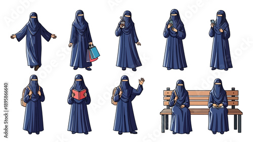 Diverse Muslim women in blue burqas engaging in daily activities