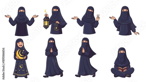 Diverse Muslim women in various Ramadan poses and activities