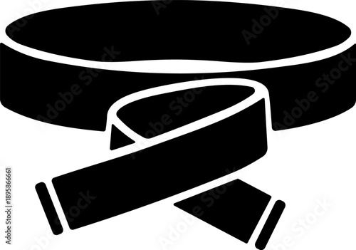 Black martial arts belt icon with looped center and crossed ends for achievement and discipline design content