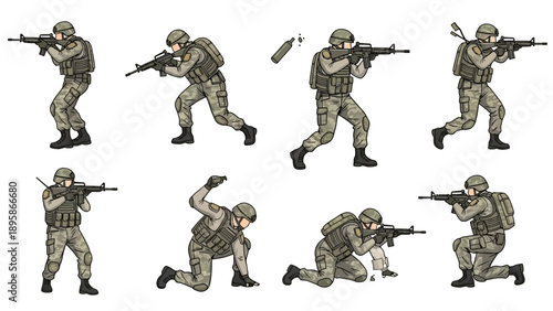 Soldiers in tactical positions with guns in various combat stances