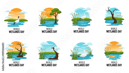 Vibrant World Wetlands Day illustrations with diverse wetland scenes