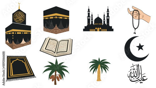 Islamic symbols collection including Kaaba, mosque, and prayer elements
