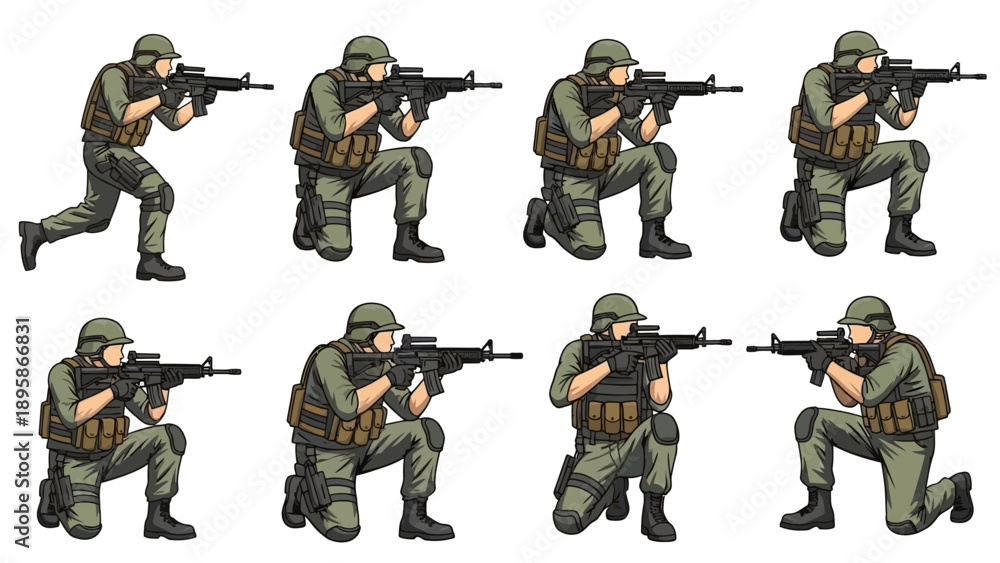 Fototapeta premium Soldiers in various combat positions with rifles ready