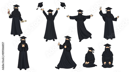 Muslim woman in various graduation poses with niqab and abaya