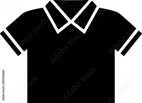 Black short-sleeved collared shirt icon with V-neck and sleeve stripes for fashion and apparel design content