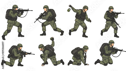 Soldiers in various combat poses with weapons and grenade