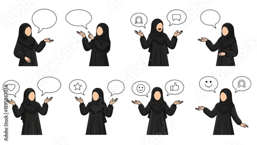 Diverse muslim woman illustrations with speech bubbles for social media