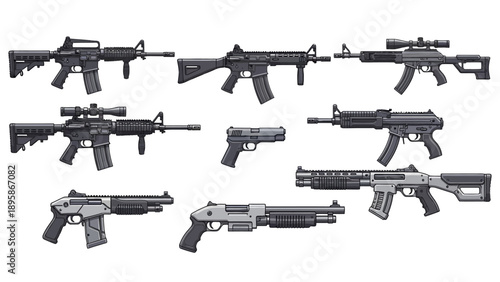 Modern firearms collection featuring various assault rifles and handguns