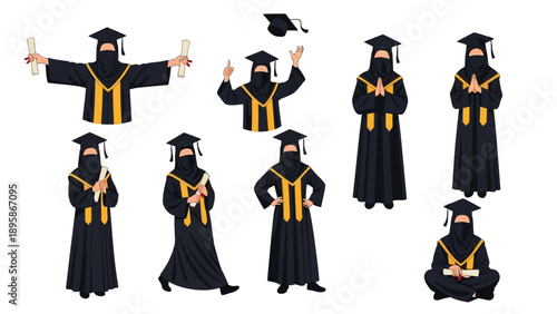 Muslim woman graduate in various poses with diploma and graduation cap