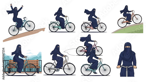 Muslim woman riding bicycle in various dynamic poses