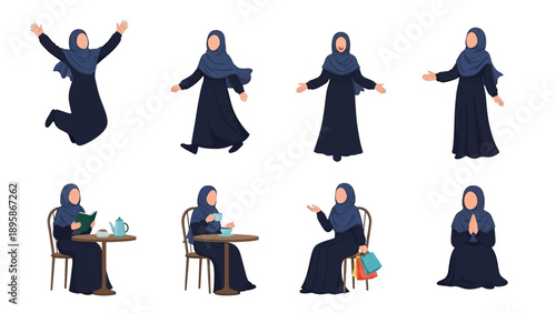 Muslim woman in various poses and activities