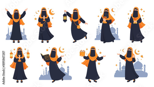 Muslim woman in various joyful Ramadan poses with mosques