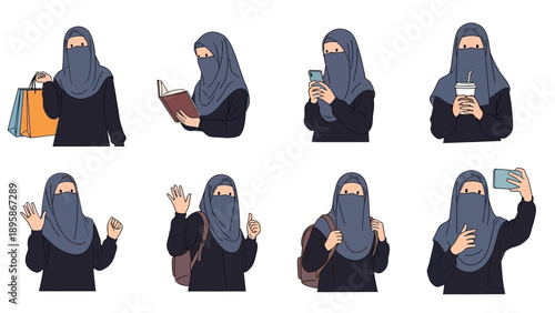 Muslim woman in niqab doing various activities