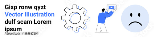 Mechanical gear, individual presenting screen content, and sad emotion alongside bold and regular text. Ideal for technology, mechanics, communication, design, education, emotion simple landing page