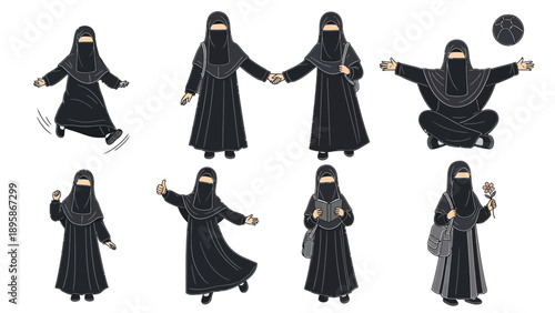 Muslim women wearing niqab in various poses illustration