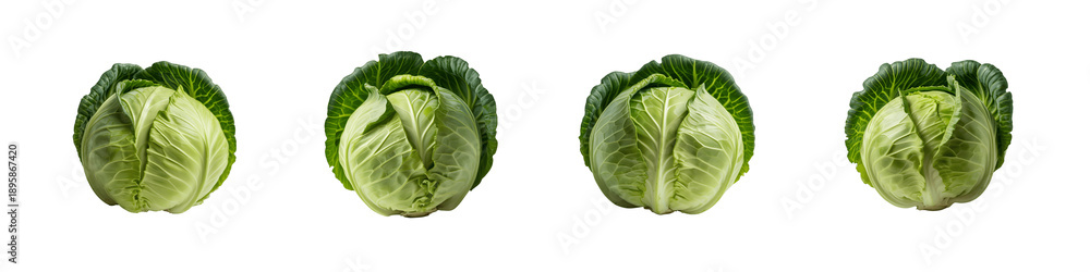 Fototapeta premium Four green cabbage heads isolated on transparent background