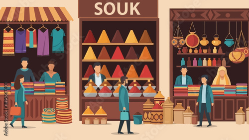 Vibrant souk marketplace with colorful spices and textiles