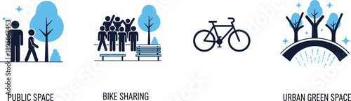 Urban public space icons set, bike sharing community park concepts, sustainable city lifestyle, eco friendly design, modern flat vector