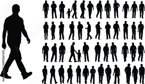 Walking people silhouette set, male figures different poses, crowd movement collection, business casual men, isolated black vector illustration