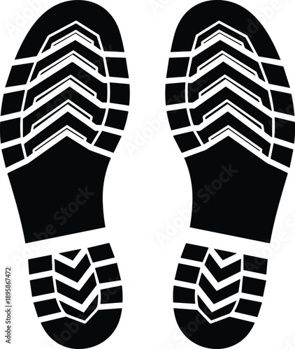 Pair of black boot sole print icons with mirrored chevron and bar tread patterns for tracking and movement design content