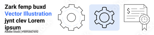 Gears representing settings and mechanisms alongside a certified document icon for efficiency, quality, and achievement. Ideal for technology, process, innovation, business, certification, quality