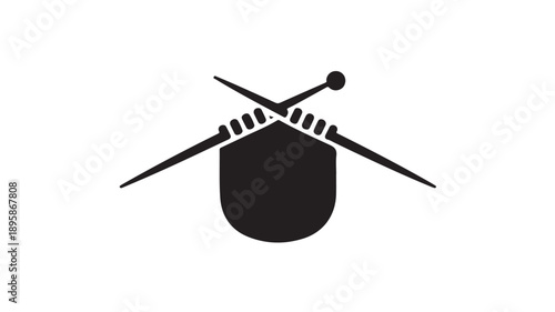 Knitting basket with yarn and knitting needles in simple flat design on white background for crafting