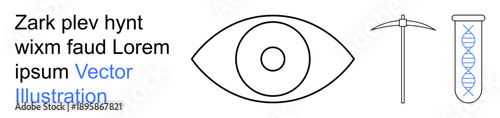 Vision science, genetics research, mining industry, exploration, biotechnology, future advancements. an eye, pickaxe and a test tube with DNA helix. Vision science and genetics research