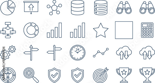 Business analytics and data visualization line icon set with charts, database, strategy, security symbols, editable stroke vector illustration