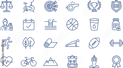 Fitness and sports line icon set with health, workout, wellness, outdoor activity symbols, editable stroke vector illustration design