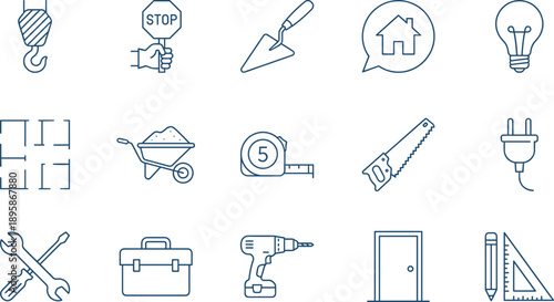 Construction tools line icon set with home repair symbols, building equipment, maintenance elements, editable stroke vector illustration for web design