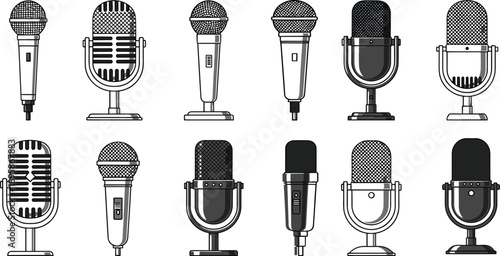 Set of twelve black microphone icons in varied styles including handheld, vintage, and studio types for audio and media design content
