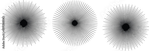 Three black radial burst icons with shaded centers and symmetrical line patterns for abstract and geometric design content