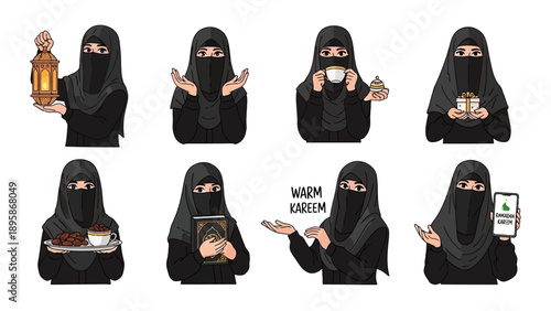Muslim woman in various ramadan kareem poses vector illustration