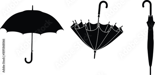 Three black umbrella icons showing open, semi-closed, and fully closed states for weather and accessory design content