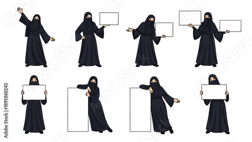 Muslim woman in abaya holding blank signs in various poses