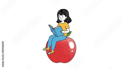 Young woman reading book while sitting on giant red apple