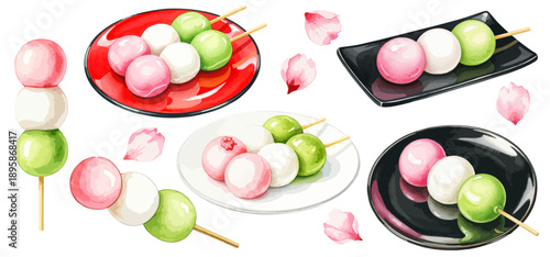 花見団子のイラストセット 桜と三色団子の和菓子素材