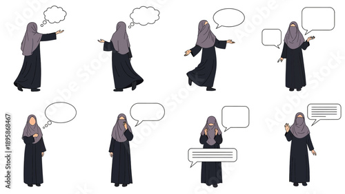 Vector illustration of woman wearing niqab in various poses