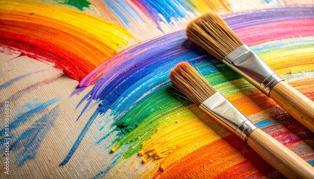 Fototapeta premium Two paintbrushes with wooden handles and silver ferrules lie on a canvas with vibrant, swirling rainbow-colored brushstips, against a white background.
