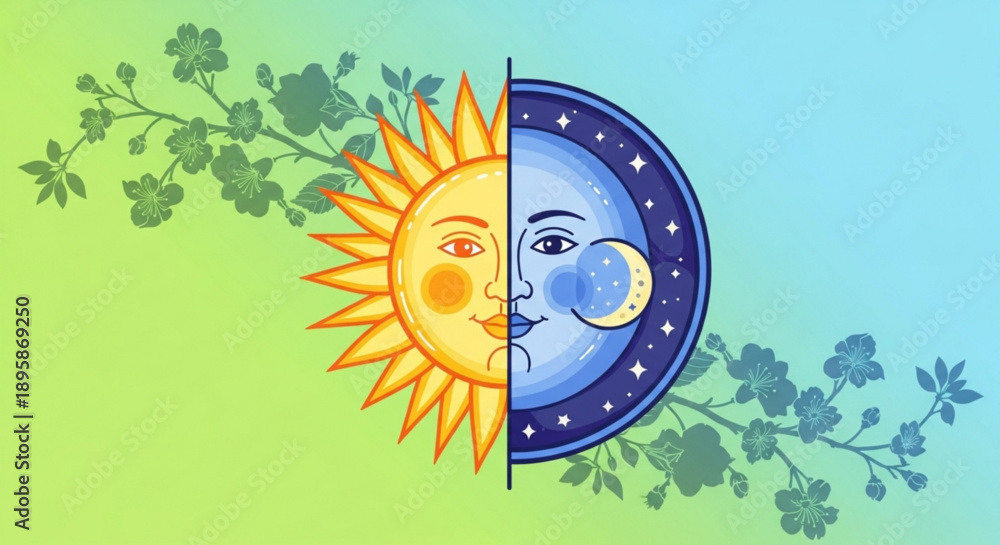 Fototapeta premium Split image of sun and moon faces with floral elements representing day and night contrast ideal for conceptual design and nature themes