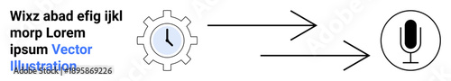 Time management, workflow automation, communication, teamwork, productivity, creative processes. Gear with clock and arrows pointing to microphone. Time management and workflow automation concept