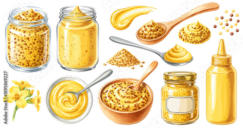 粒マスタードとマスタードソースの調味料イラストセット 白背景