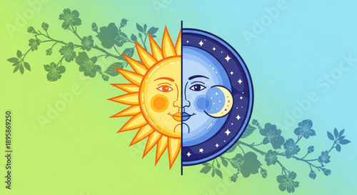 Split image of sun and moon faces with floral elements representing day and night contrast ideal for conceptual design and nature themes