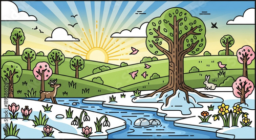 Spring landscape with melting snow blooming flowers and wildlife representing the transition of seasons with a vibrant stylized illustration