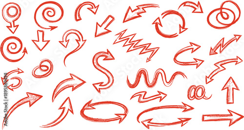 Hand drawn red sketchy arrow set with spiral curls textured pointers directional signs and creative movement vector elements